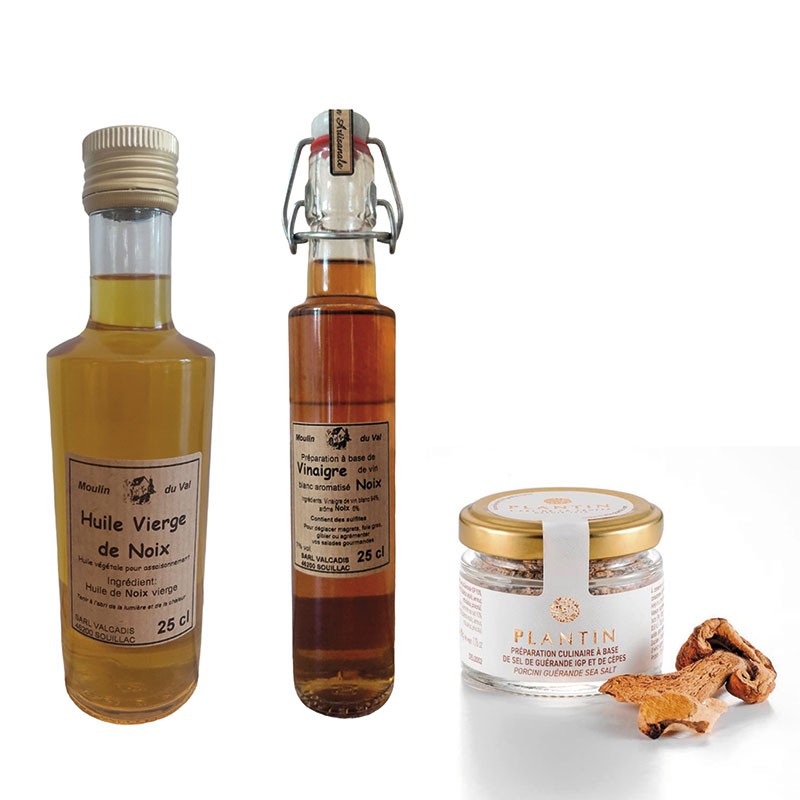 Huile de noix 250ml + Vinaigre aux noix 250ml + Sel IGP Guérande aux Cèpes