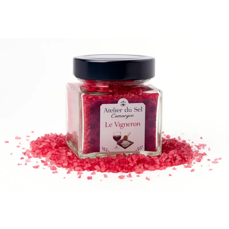 Pot de Sel du Vigneron de l’Atelier du Sel – sel de Camargue au vin rouge et échalotes – produit artisanal du Sud de la France