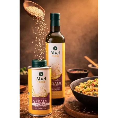 Huile de sésame toasté Abel 1898 utilisée en cuisine gastronomique, graines de sésame et plats asiatiques