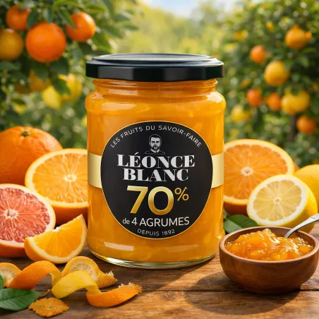 Confiture extra de 4 agrumes intense Léonce Blanc 70% fruits 320g