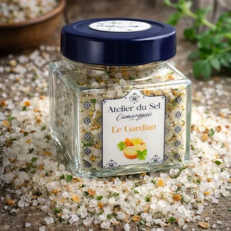 Pot de sel Le Gardian Atelier du Sel – sel de Camargue aromatisé origan oignons coriandre