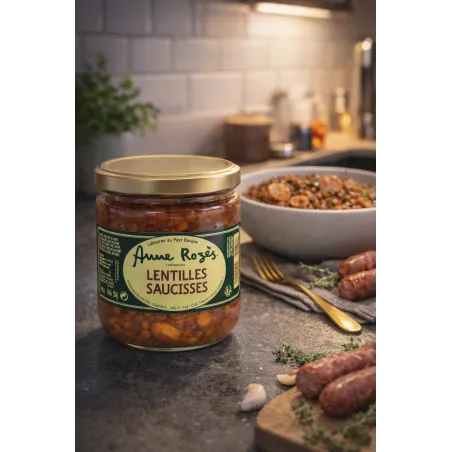 Bocal de lentilles saucisses Anne Rozès, plat cuisiné gourmand et réconfortant