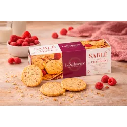 Boîte de sablés aux pépites de framboise La Sablésienne 125 g, biscuits croustillants et fruités