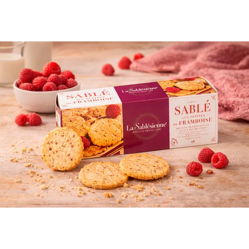 Boîte de sablés aux pépites de framboise La Sablésienne 125 g, biscuits croustillants et fruités