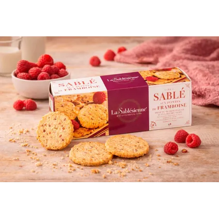 Boîte de sablés aux pépites de framboise La Sablésienne 125 g, biscuits croustillants et fruités