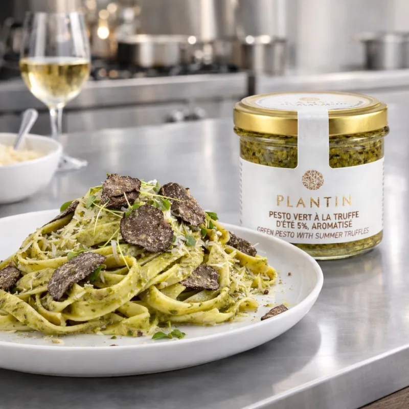 Pesto vert à la truffe présenté dans des pâtes