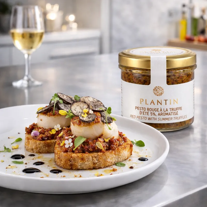 Pesto rouge à la truffe présenté en bruschetta de saint jacques