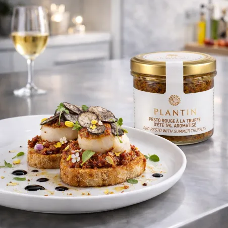 Pesto rouge à la truffe présenté en bruschetta de saint jacques