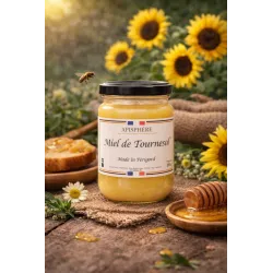 Miel de tournesol du Périgord 260g Apisphère – pot en verre artisanal au cœur d’un champ de tournesols