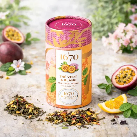 Thé vert & thé blanc fruits de la passion 1670 Marquise de Sablé – boîte cylindrique