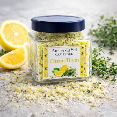 Sel de Camargue aromatisé Citron Thym Atelier du Sel – cristaux de sel au citron et thym frais