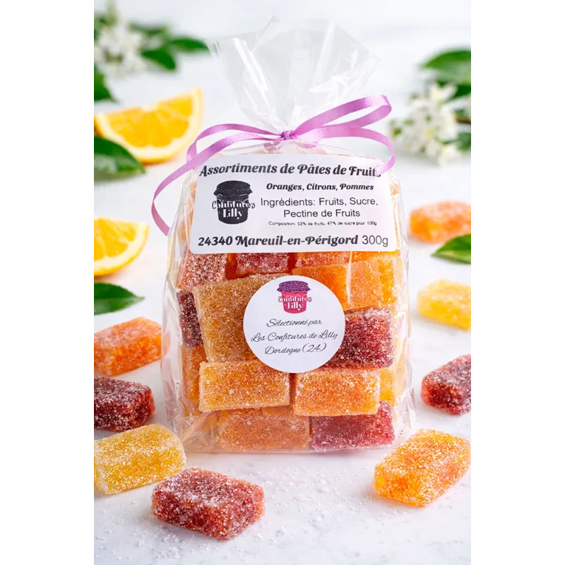 Pâtes de fruits artisanales Confiture de Lilly en Dordogne, assortiment de douceurs aux fruits présentées en sachet gourmand