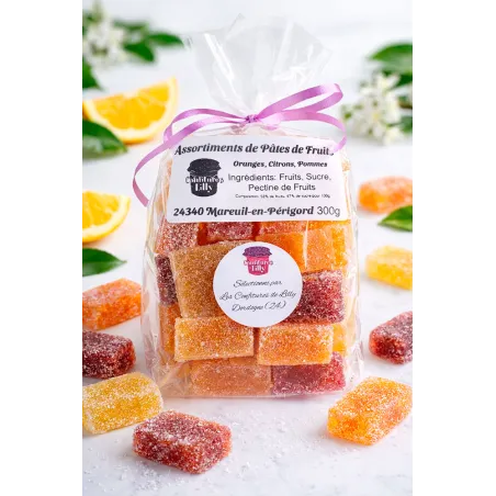 Pâtes de fruits artisanales Confiture de Lilly en Dordogne, assortiment de douceurs aux fruits présentées en sachet gourmand