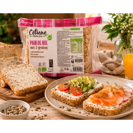 Pain de mie bio aux 3 graines sans gluten Céliane 2 x 200 g pour tartines et sandwichs